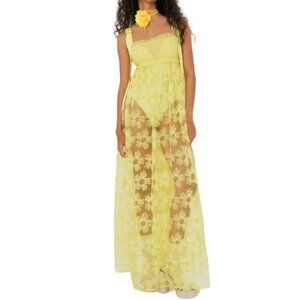 For Love and Lemons Emma Floral Sheer Maxi Dress Yellow Size Small NWT